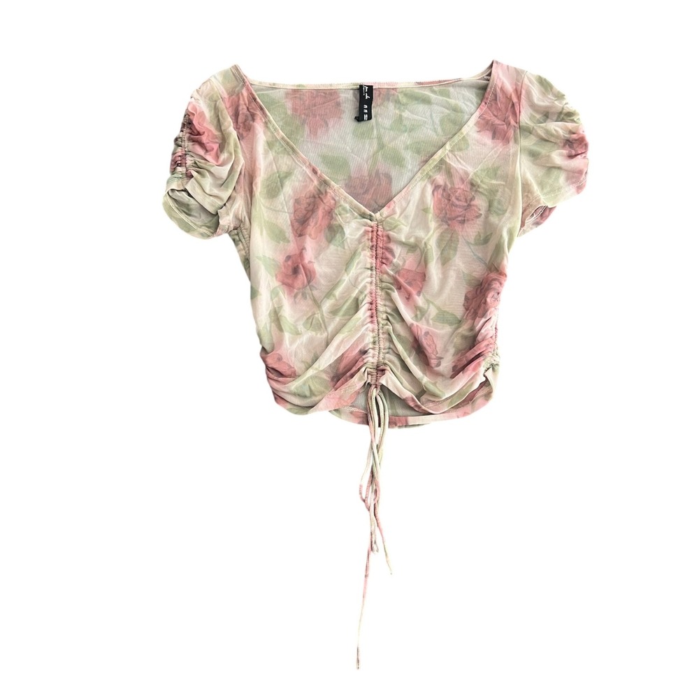 Out From Under Urban Outfitters Women's Medium Pink Floral Mesh V-Neck Crop Top